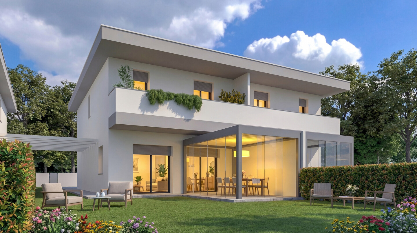 Villa bifamiliare di nuova costruzione con 2 balconi, autorimessa e giardino in vendita ad Altedo